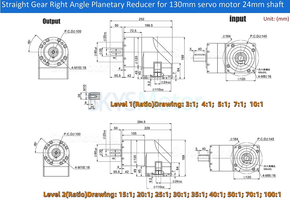 PVE120-Serie, 90&deg;-Winkelplanetengetriebe, &Uuml;bersetzung 3:1 &ndash; 100:1, f&uuml;r 110-mm-/130-mm-Servomotoren, 19/22/24-mm-Eingangsbuchse